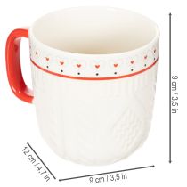 položky Hrnček na kávu s červenou rúčkou, pleteným vzorom a ozdobou v tvare srdca, keramický, 9 cm, 2 kusy