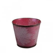 položky Kvetináč s ozdobou listov, jesenná dekorácia, kovový kvetináč vínovočervený Ø16,5 cm V14,5 cm