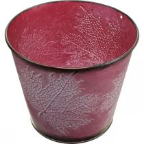 položky Kvetináč s ozdobou listov, jesenná dekorácia, kovový kvetináč vínovočervený Ø16,5 cm V14,5 cm