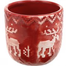 položky Keramická dekorácia so sobmi, adventná dekorácia, kešpot s nórskym vzorom červená/biela Ø7,5cm V7cm 6ks