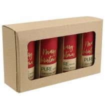 položky Červené adventné sviečky "Veselé Vianoce" vyrobené zo stearínu a repkového vosku na vianočnú dekoráciu, sada 4 kusov, 130/60 mm