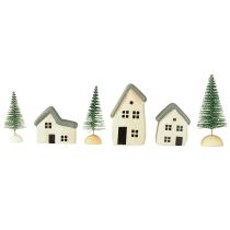 položky Vianočné drevené domčeky, jedličky, zelené a biele, 5-8 cm, sada 6 kusov
