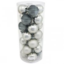 položky Vianočná guľa, prívesok na stromček, ozdoba na stromček čierna/strieborná/perleť V6,5cm Ø6cm pravé sklo 24 ks