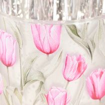 položky Dekoratívny sklenený lampión s tulipánovým dizajnom pre jarné dekorácie do domácnosti, 8 cm, 4 kusy.