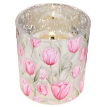 položky Dekoratívny sklenený lampión s tulipánovým dizajnom pre jarné dekorácie do domácnosti, 8 cm, 4 kusy.