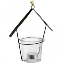 položky Lampiónový domček, svietnik na čajovú sviečku na zavesenie, kovová dekorácia, sklo V21,5cm 2ks