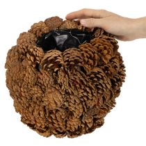 Článok Dekoratívny kvetináč s borovicovými šiškami, prírodný vzhľad, 27 cm. Okrúhly kvetináč z borovicových šišiek, prírodná hnedá farba, vyrobený zo šišiek, 27 cm x 22 cm.