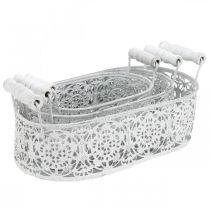 položky Misky na sadenie, ozdobný črepník s čipkovanou dekoráciou, kovová nádoba s rúčkami, oválna biela, strieborná shabby chic L25,5/20/15cm V7cm sada 3ks