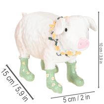 položky Dekoratívne prasiatko s gumenými čižmami – Zábavná farmárska figúrka s kvetinovým vencom 15,5 cm