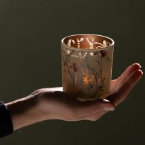 položky Dekoratívny sklenený lampión s kvetinovým motívom pre atmosférické bytové doplnky, 8 cm, 4 kusy.