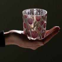 položky Dekoratívny sklenený lampión s tulipánovým dizajnom pre jarné dekorácie do domácnosti, 8 cm, 4 kusy.