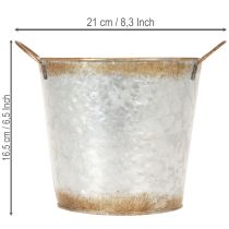 Článok Dekoratívny kvetináč s rúčkami, vedro na kvetináče, kovová nádoba, strieborná, zvetraná oceľ, Ø17 cm V16,5 cm