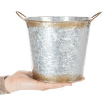 Článok Dekoratívny kvetináč s rúčkami, vedro na kvetináče, kovová nádoba, strieborná, zvetraná oceľ, Ø17 cm V16,5 cm