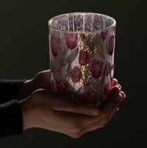 položky Elegantný lampión s motívom tulipánov pre atmosférickú jarnú dekoráciu, 12,5 cm, 2 kusy.