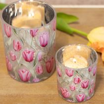 položky Elegantný lampión s motívom tulipánov pre atmosférickú jarnú dekoráciu, 12,5 cm, 2 kusy.
