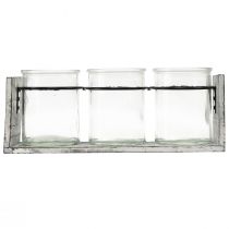 položky Rustikálna súprava sklenených nádob v sivobielom drevenom stojane - 27,5 x 9 x 11 cm - Všestranné úložné a dekoratívne riešenie