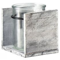 položky Sklenený držiak na čajové sviečky v rustikálnom drevenom ráme – sivo-biely, 10x9x10cm – Očarujúca dekorácia na stôl