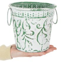 položky Kovové kvetináče s rúčkami, kvetináče s razbou, biele, zelené, shabby chic, V 20,5/18,5/16 cm, Ø 25,5/20,5/15,5 cm, sada 3 kusov