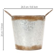 položky Kovový kvetináč, miska, kvetináč so striebornými rúčkami, povrchová úprava z zvetranej ocele, Ø18 cm V20 cm
