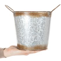 položky Kovový kvetináč, miska, kvetináč so striebornými rúčkami, povrchová úprava z zvetranej ocele, Ø18 cm V20 cm