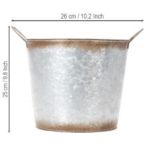 Článok Kvetináč s rúčkami, ozdobná miska s hrdzavou úpravou, strieborná kovová nádoba Ø26cm V25,5cm