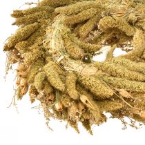 položky Dekoratívny sušený veniec s čapkami a prosom v žlto-olivovozelenej farbe, prírodný vidiecky štýl, Ø28 cm, všestranná dekorácia na stenu a stôl