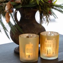 položky Sklenený lampáš strieborno-zlatý, silueta mesta V12,5 cm, 4 ks