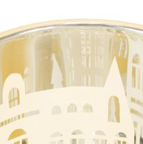 položky Sklenený lampáš strieborno-zlatý, silueta mesta V12,5 cm, 4 ks