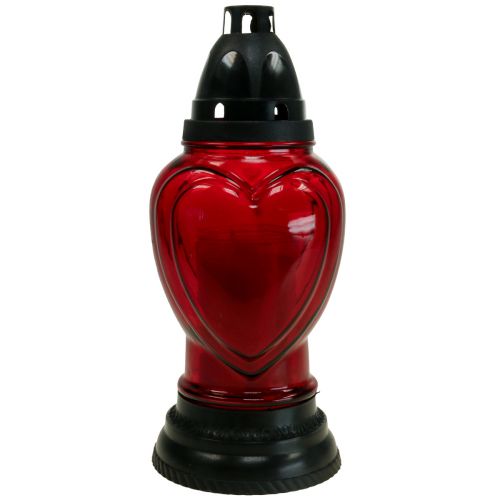 Floristik24 Hrob svetlé sklo srdce gravírovanie náhrobný lampáš červený Ø11cm V26cm
