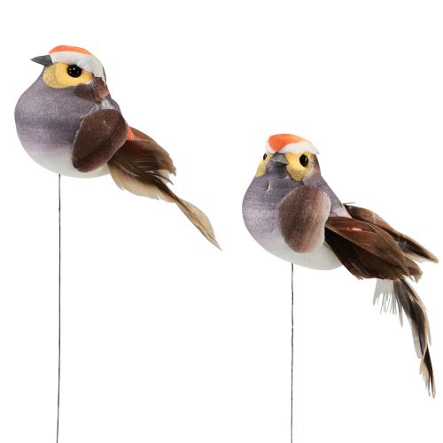 Vtáčik z peria na drôte ozdobný vtáčik s pierkami sivý 4cm 12ks