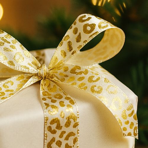položky Hodvábna stuha s leopardím vzorom, krémovo zlatá, 15 mm, 18 m