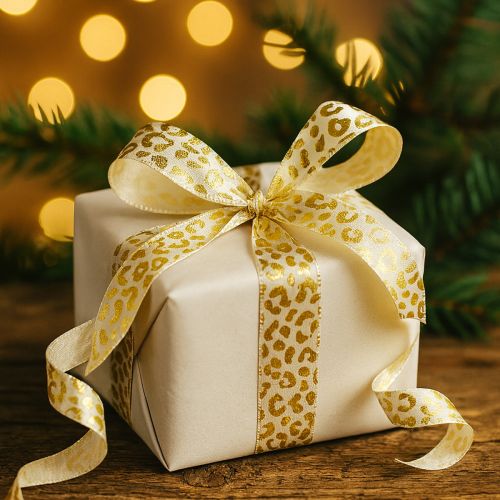 položky Hodvábna stuha s leopardím vzorom, krémovo zlatá, 15 mm, 18 m