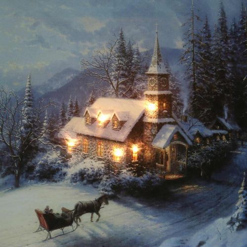 položky LED nástenná maľba zimná krajina s kostolom 38×28cm Na batériu