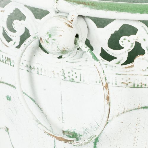 položky Kovový kvetináč s reliéfnym vzorom a rúčkami, biely a zelený, štýl shabby chic, V 22/19,5/17,5 cm, Ø 25,5/20,5/15,5 cm, sada 3 kusov