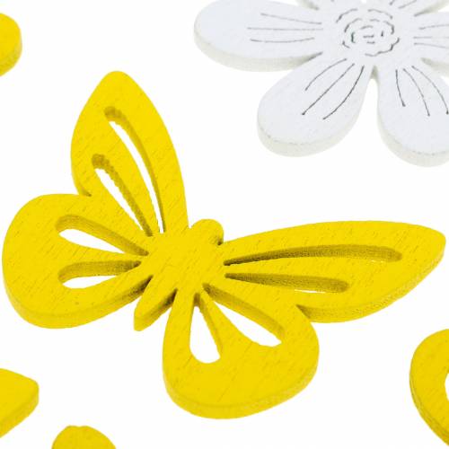 položky Kvety a motýle na rozsýpanie žltá, biela drevená roztrúsená dekorácia jarná dekorácia 72 kusov