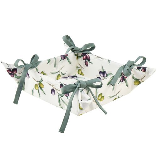 Floristik24 Košík na chlieb látkové vrecko na chlieb biely vzor olivová 20x20x7cm
