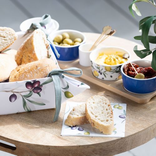 Floristik24 Košík na chlieb látkové vrecko na chlieb biely vzor olivová 20x20x7cm