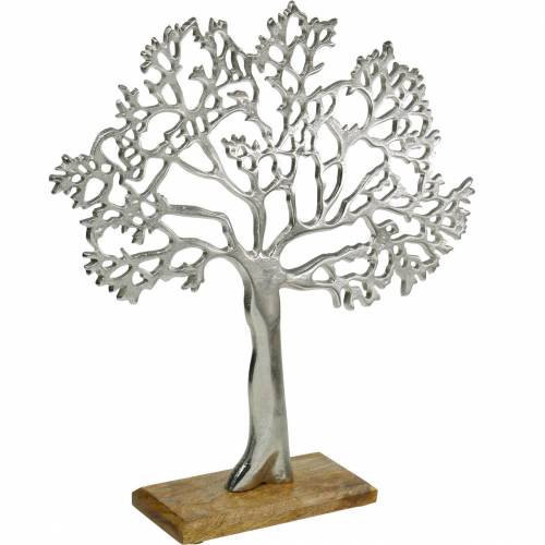 Floristik24 Kovový stromček, dekoračný buk na drevenom podklade, kovová dekorácia striebro, strom života, mangové drevo