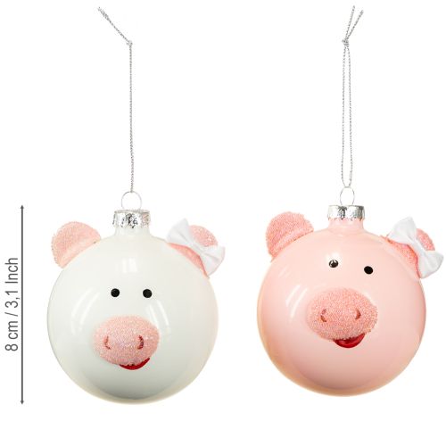Floristik24 Vianočná guľa na stromček prasiatko ružovo-biele sklenené gule Ø8cm 2 ks