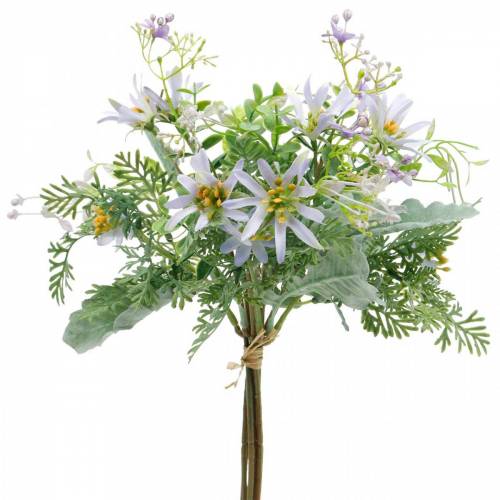 Floristik24 Dekoratívna kytica, fialové hodvábne kvety, jarná dekorácia, umelé astry, karafiáty a eukalypty