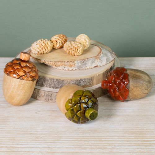 položky Dekoratívne žalude drevená dekorácia na stôl zelená oranžová červená V10cm 3 kusy