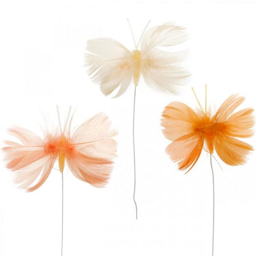 Floristik24 Motýliky v odtieňoch oranžovej, jarná dekorácia Motýliky perie na drôtiku 6ks