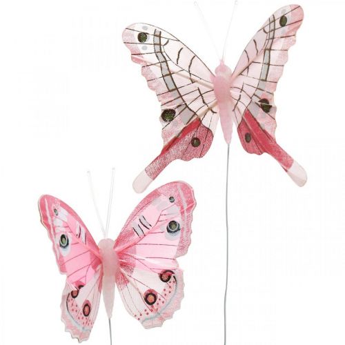 Floristik24 Deco motýle Motýľ z ružového pierka na drôte 7,5cm 6ks