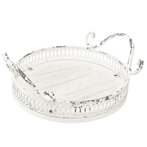 Floristik24 Ozdobný podnos kovová biela rukoväť shabby chic Ø20cm V8cm