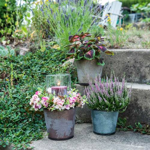 Floristik24 Dekoratívny kvetináč s listami zinkovo šedá, oranžová, hnedá Ø17cm V14,5cm 3ks