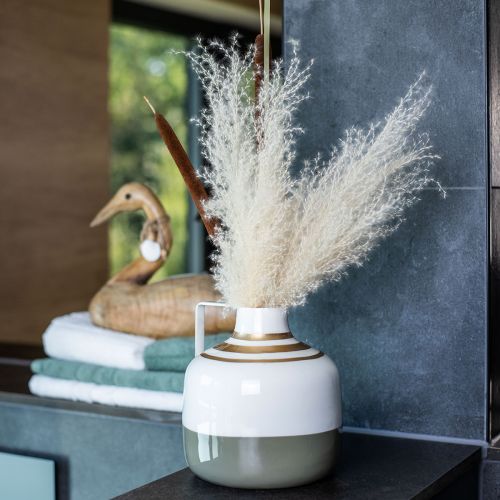 položky Očarujúca kovová dekoratívna váza s uškom, vintage štýl, krémovo-sivá/zlatá, Ø16 cm, V17 cm, na sušené kvety a umelé rastliny