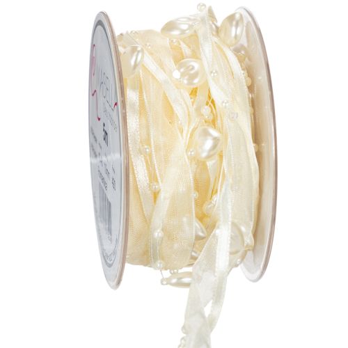 Floristik24 Dekoratívna stuha, krémová, srdiečka, perly, svadobná dekorácia, 10 mm, 5 m