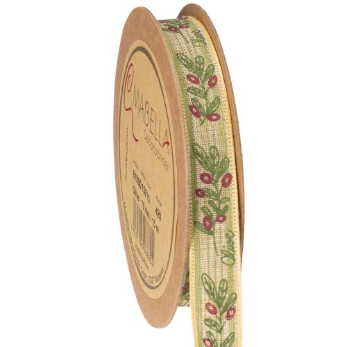 Darčeková stuha s olivovou ratolesťou a elegantnými vetvičkami a olivami 1,5 cm 15 m