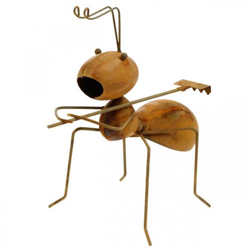 Ozdobná figúrka mravca kovová s hrabľami záhradná dekorácia hrdza 21,5cm