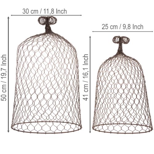 Dekoratívny kovový zvonček, lezecká pomôcka, drôtený kryt, hnedý, hrdzavý povrch, V 50/41 cm Ø 30/25 cm, sada 2 ks | Floristik24.sk